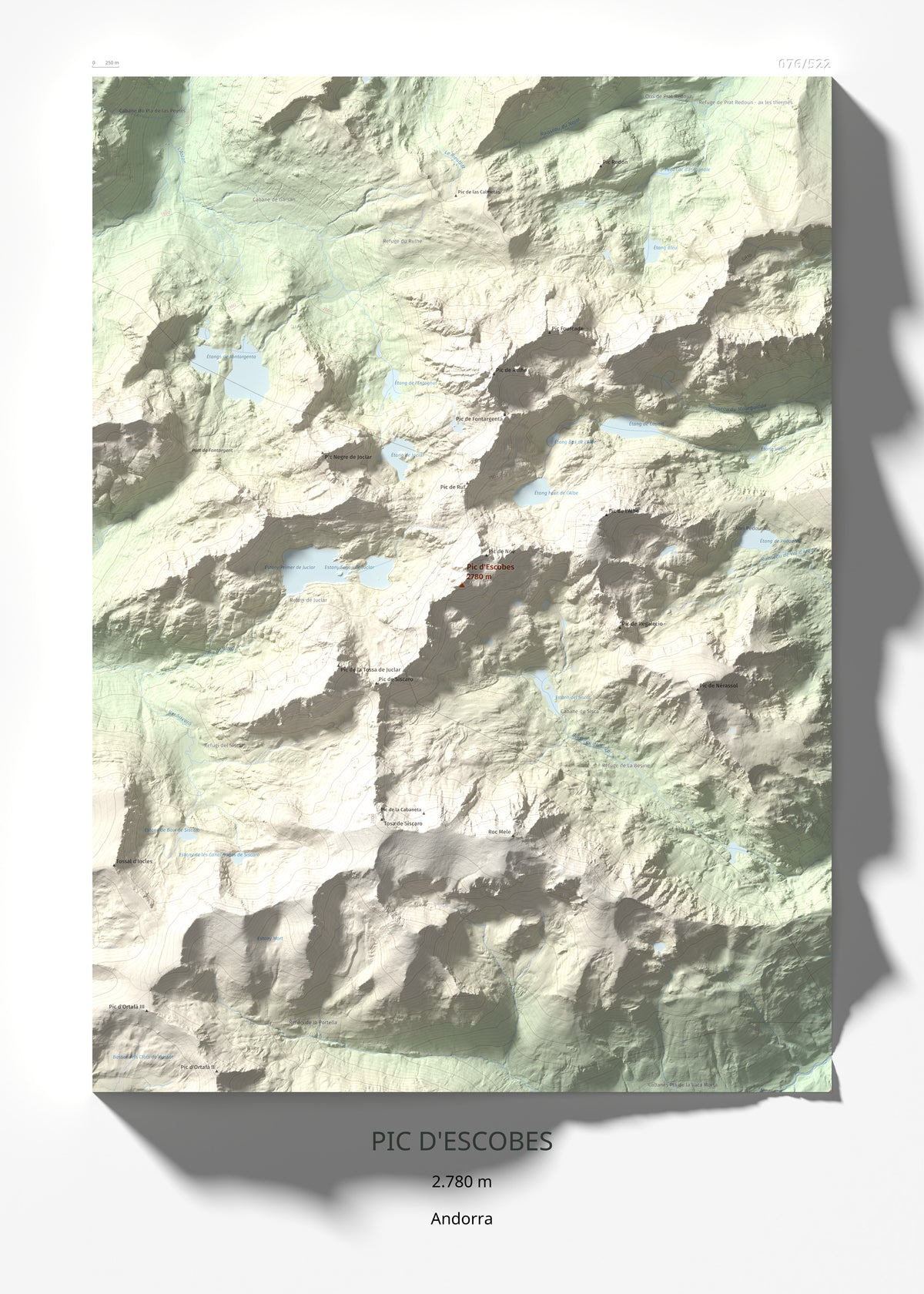 Mapa de relieve de Pic d'Escobes, 2780 m, Andorra, lámina 100 Cims de Trobart 50 × 70 cm.