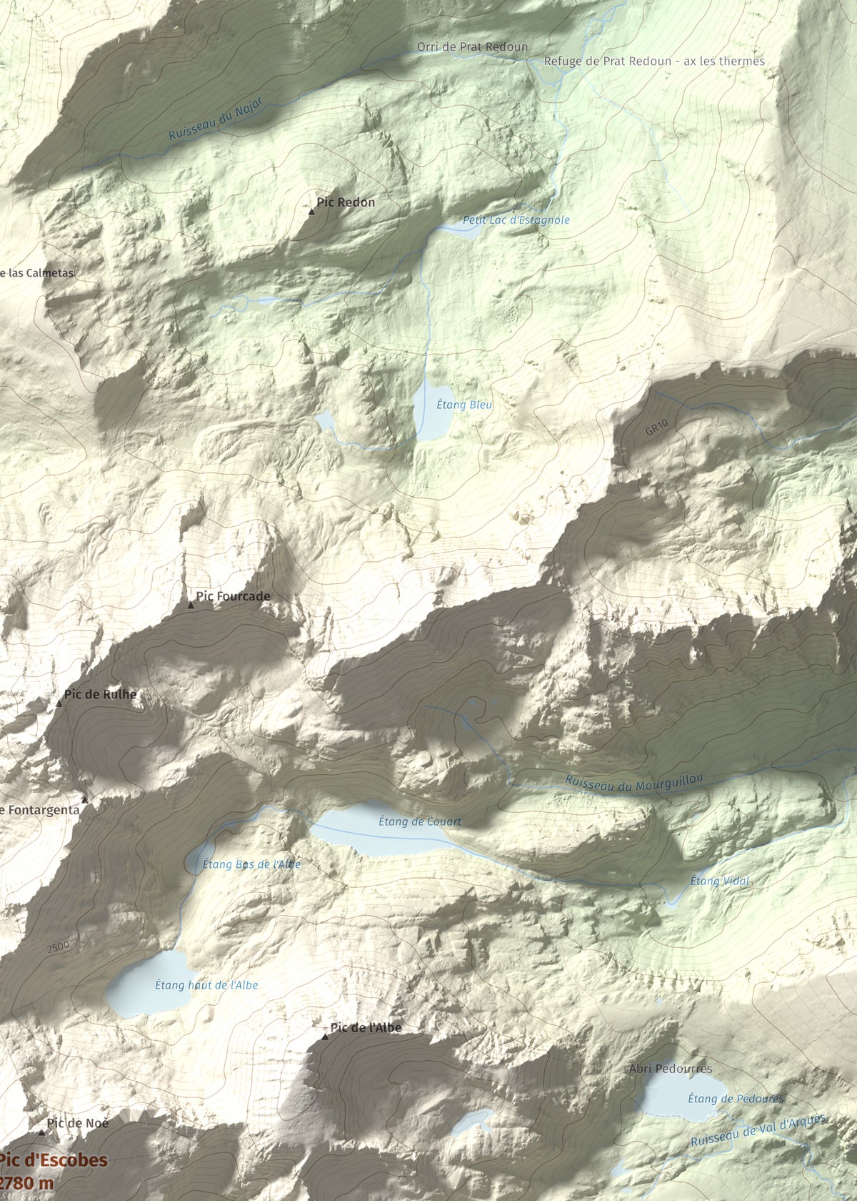 Mapa de relieve de Pic d'Escobes, 2780 m, Andorra, lámina 100 Cims de Trobart. Detalle de la zona superior derecha. 50 × 70 cm.