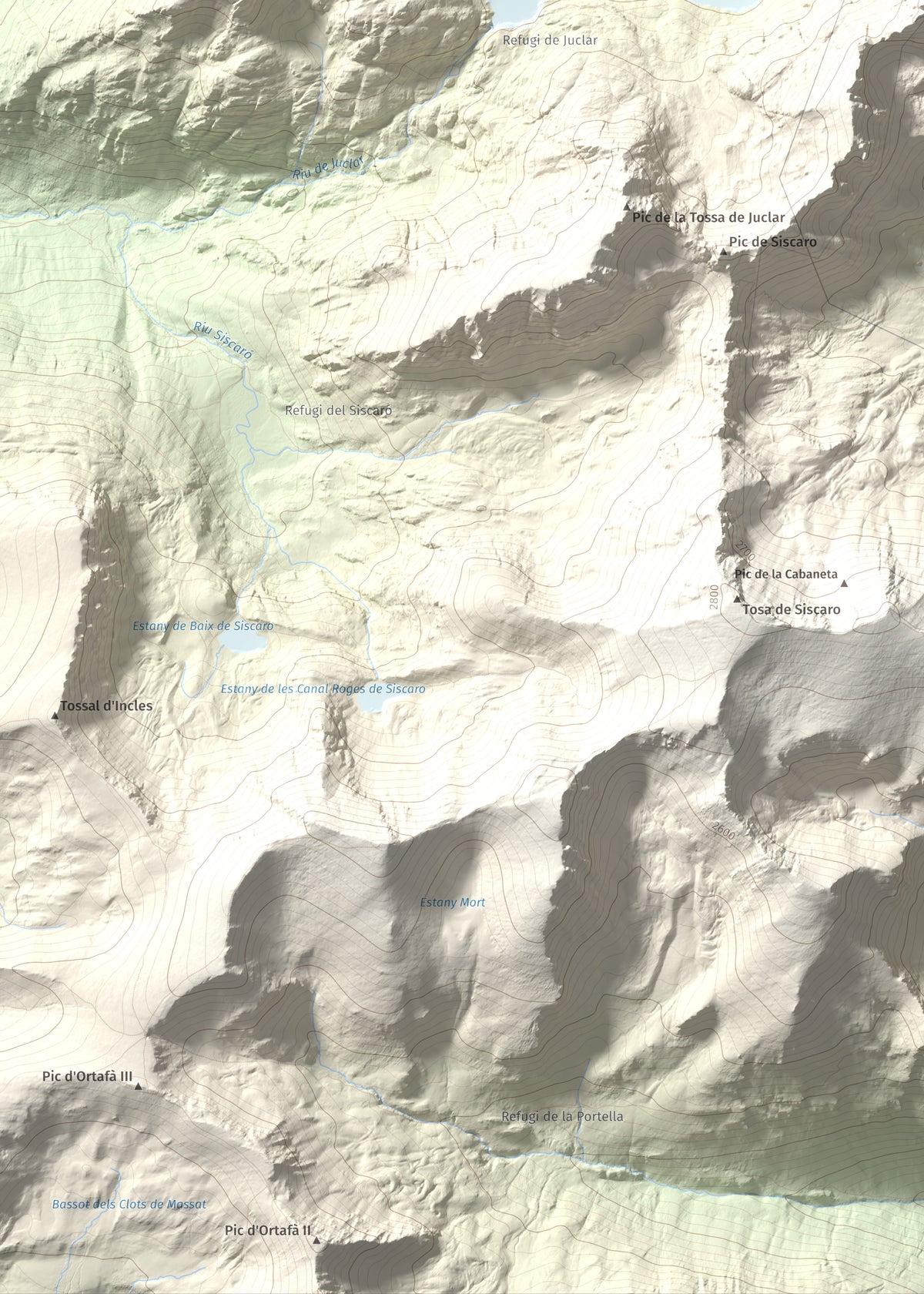Mapa de relieve de Pic d'Escobes, 2780 m, Andorra, lámina 100 Cims de Trobart. Detalle de la zona inferior izquierda. 50 × 70 cm.