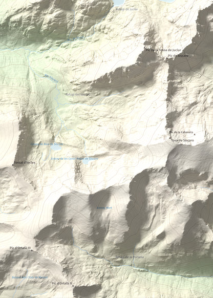 Mapa de relieve de Pic d'Escobes, 2780 m, Andorra, lámina 100 Cims de Trobart. Detalle de la zona inferior izquierda. 50 × 70 cm.