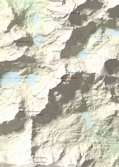 Mapa de relieve de Pic d'Escobes, 2780 m, Andorra, lámina 100 Cims de Trobart. Detalle de la zona central. 50 × 70 cm.