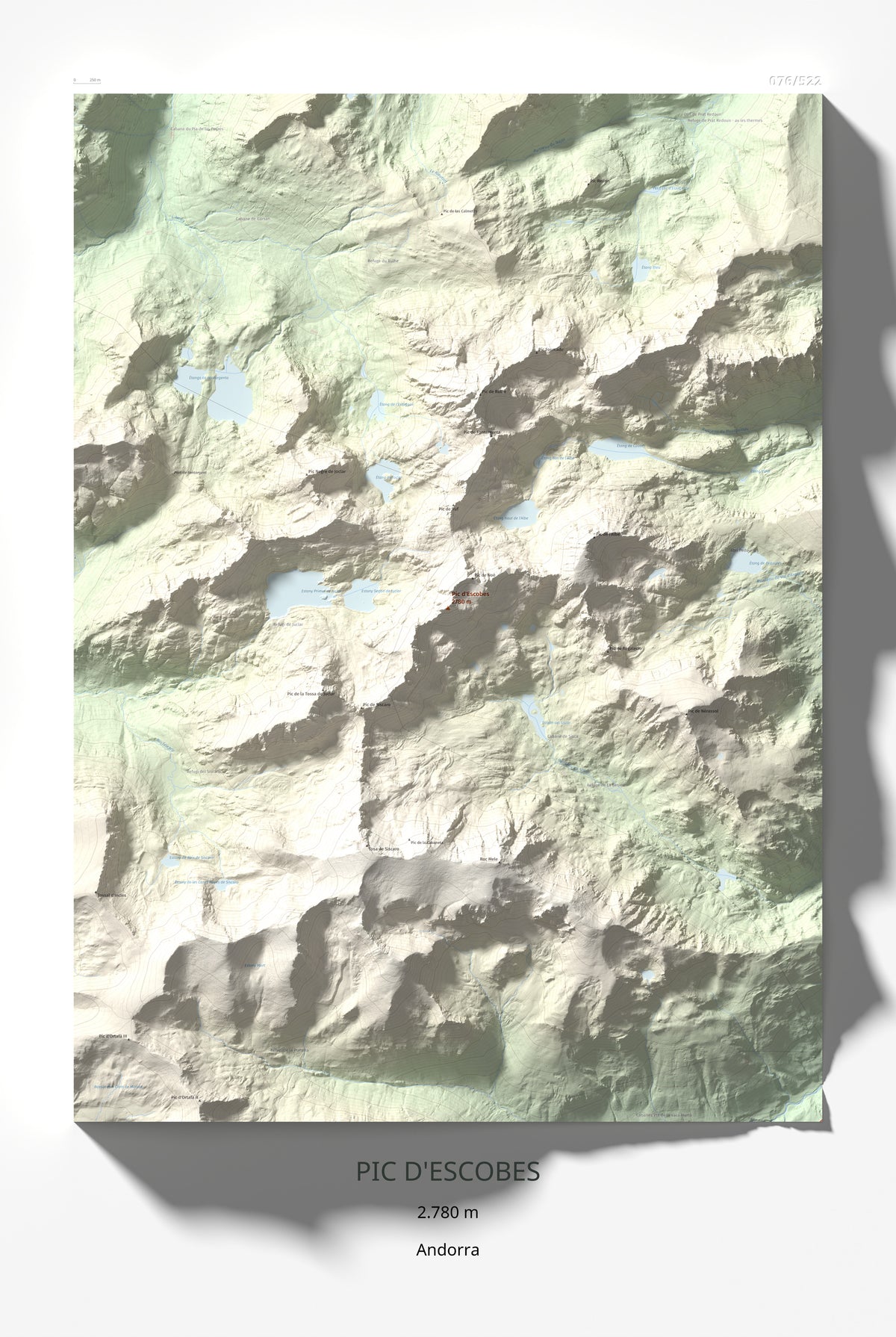 Mapa de relieve de Pic d'Escobes, 2780 m, Andorra, lámina 100 Cims de Trobart 61 × 91 cm.