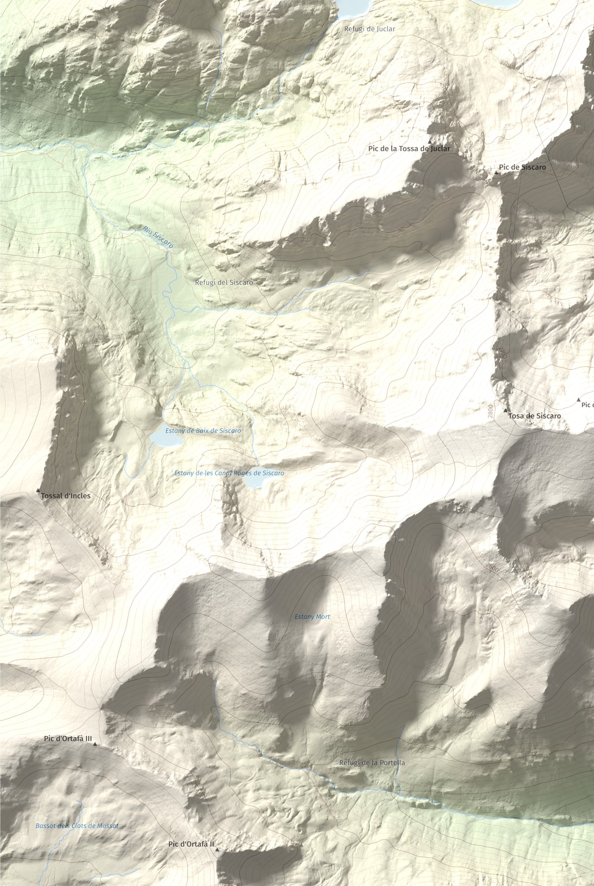 Mapa de relieve de Pic d'Escobes, 2780 m, Andorra, lámina 100 Cims de Trobart. Detalle de la zona inferior izquierda. 61 × 91 cm.