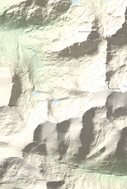 Mapa de relieve de Pic d'Escobes, 2780 m, Andorra, lámina 100 Cims de Trobart. Detalle de la zona inferior izquierda. 61 × 91 cm.