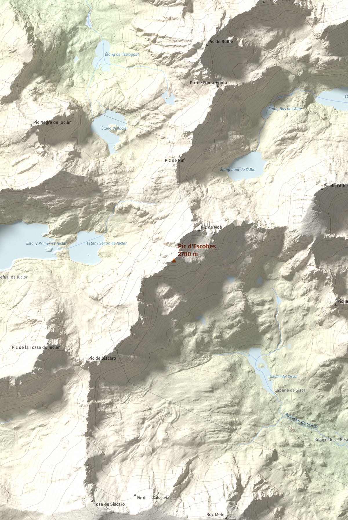 Mapa de relieve de Pic d'Escobes, 2780 m, Andorra, lámina 100 Cims de Trobart. Detalle de la zona central. 61 × 91 cm.