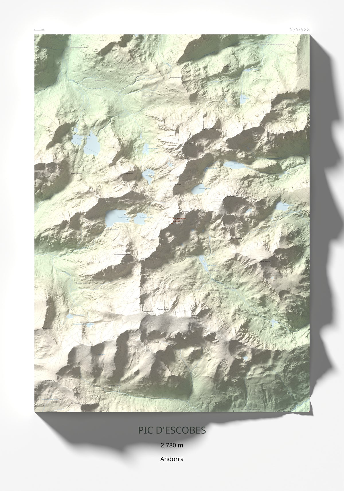 Mapa de relieve de Pic d'Escobes, 2780 m, Andorra, lámina 100 Cims de Trobart 70 × 100 cm.