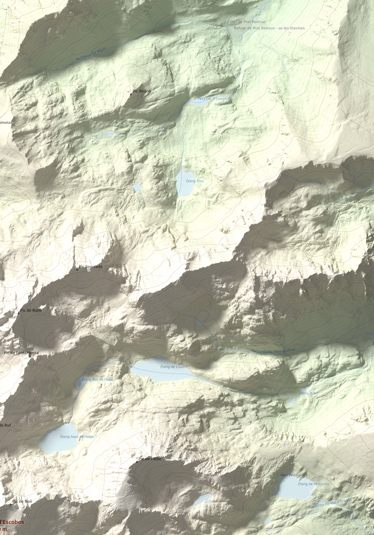 Mapa de relieve de Pic d'Escobes, 2780 m, Andorra, lámina 100 Cims de Trobart. Detalle de la zona superior derecha. 70 × 100 cm.