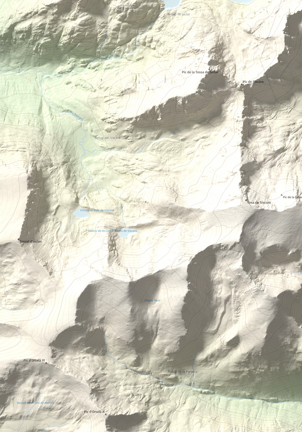 Mapa de relieve de Pic d'Escobes, 2780 m, Andorra, lámina 100 Cims de Trobart. Detalle de la zona inferior izquierda. 70 × 100 cm.