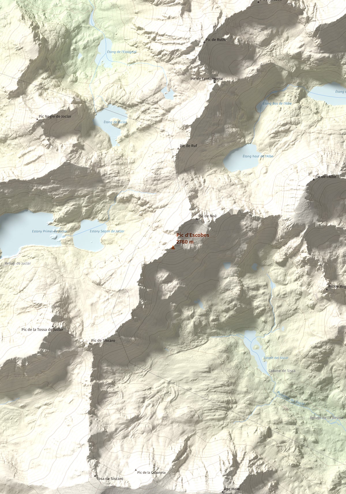 Mapa de relieve de Pic d'Escobes, 2780 m, Andorra, lámina 100 Cims de Trobart. Detalle de la zona central. 70 × 100 cm.