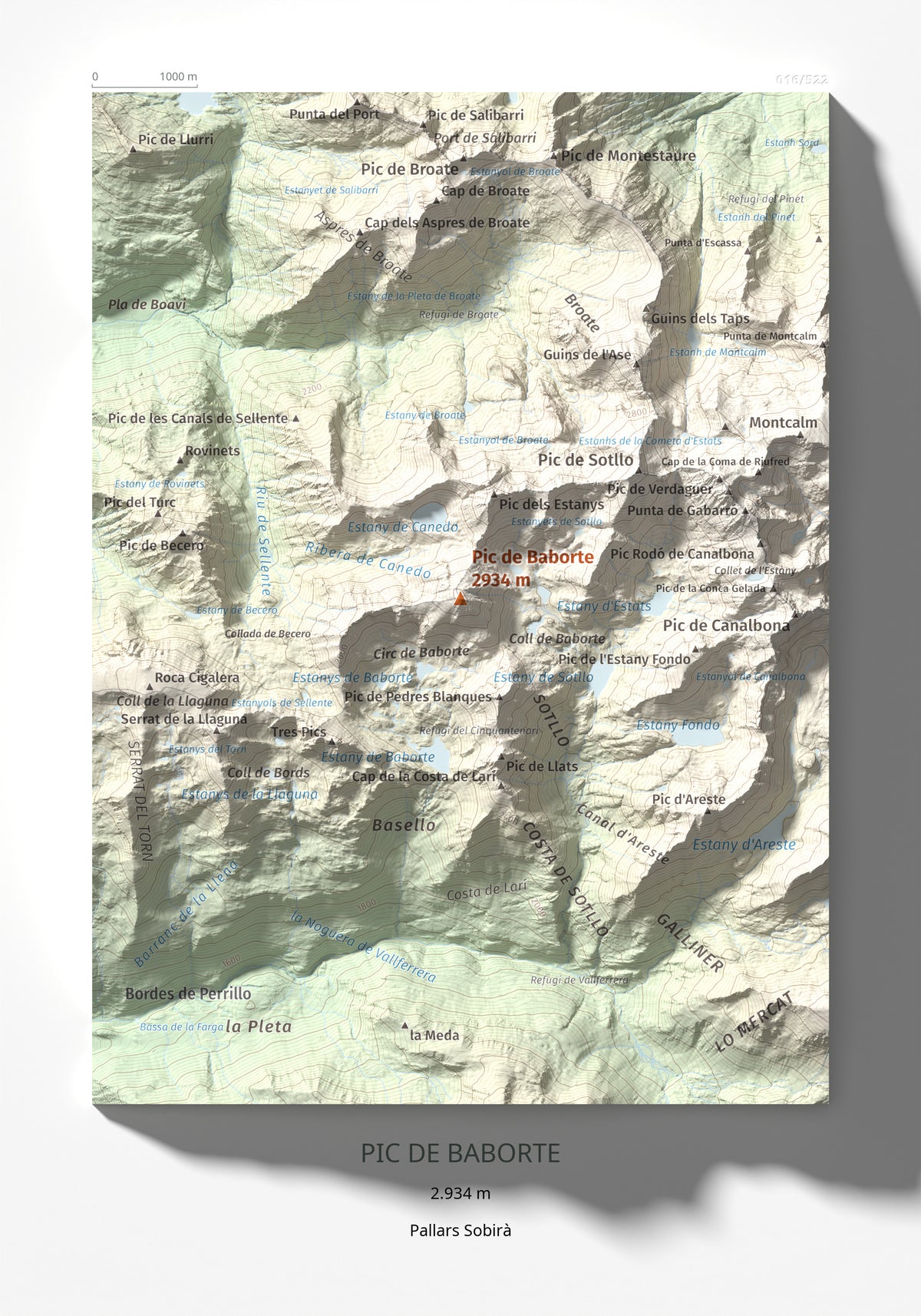 Mapa de relieve de Pic de Baborte, 2934 m, Pallars Sobirà, lámina 100 Cims de Trobart 21 × 30 cm.