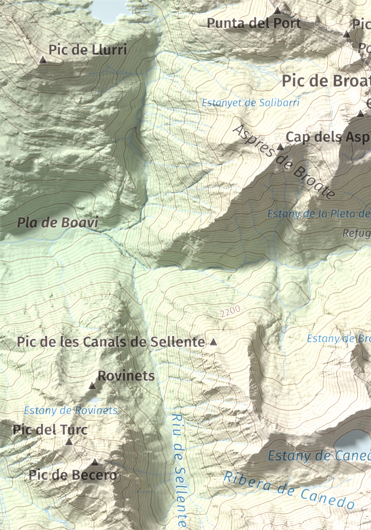 Mapa de relieve de Pic de Baborte, 2934 m, Pallars Sobirà, lámina 100 Cims de Trobart. Detalle de la zona superior izquierda. 21 × 30 cm.