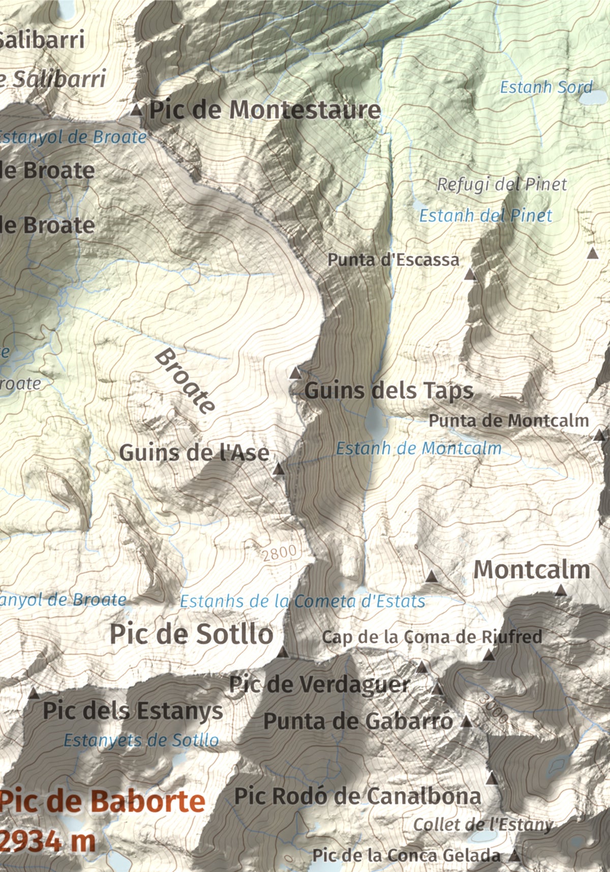 Mapa de relieve de Pic de Baborte, 2934 m, Pallars Sobirà, lámina 100 Cims de Trobart. Detalle de la zona superior derecha. 21 × 30 cm.