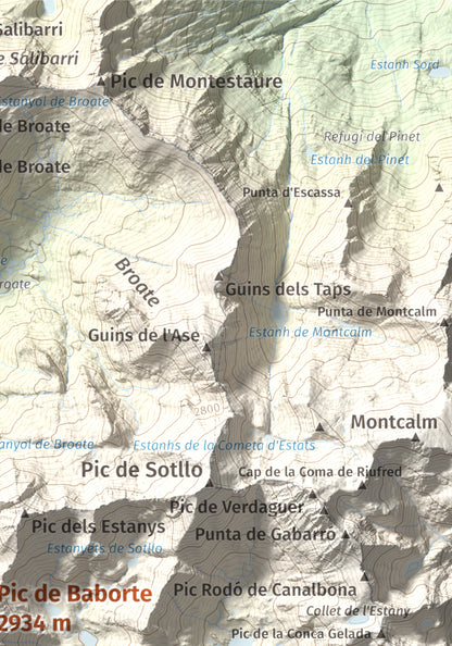 Mapa de relieve de Pic de Baborte, 2934 m, Pallars Sobirà, lámina 100 Cims de Trobart. Detalle de la zona superior derecha. 21 × 30 cm.