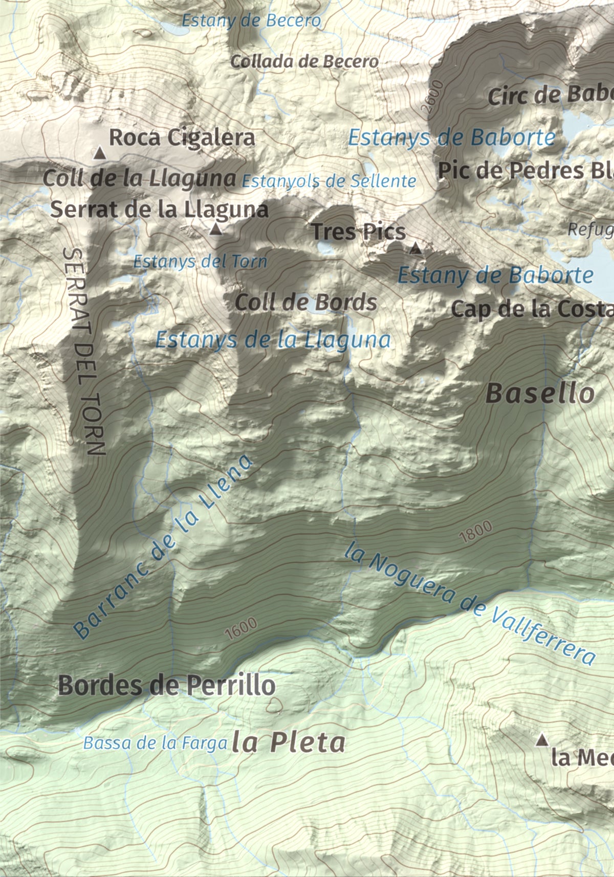 Mapa de relieve de Pic de Baborte, 2934 m, Pallars Sobirà, lámina 100 Cims de Trobart. Detalle de la zona inferior izquierda. 21 × 30 cm.