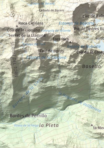 Mapa de relieve de Pic de Baborte, 2934 m, Pallars Sobirà, lámina 100 Cims de Trobart. Detalle de la zona inferior izquierda. 21 × 30 cm.