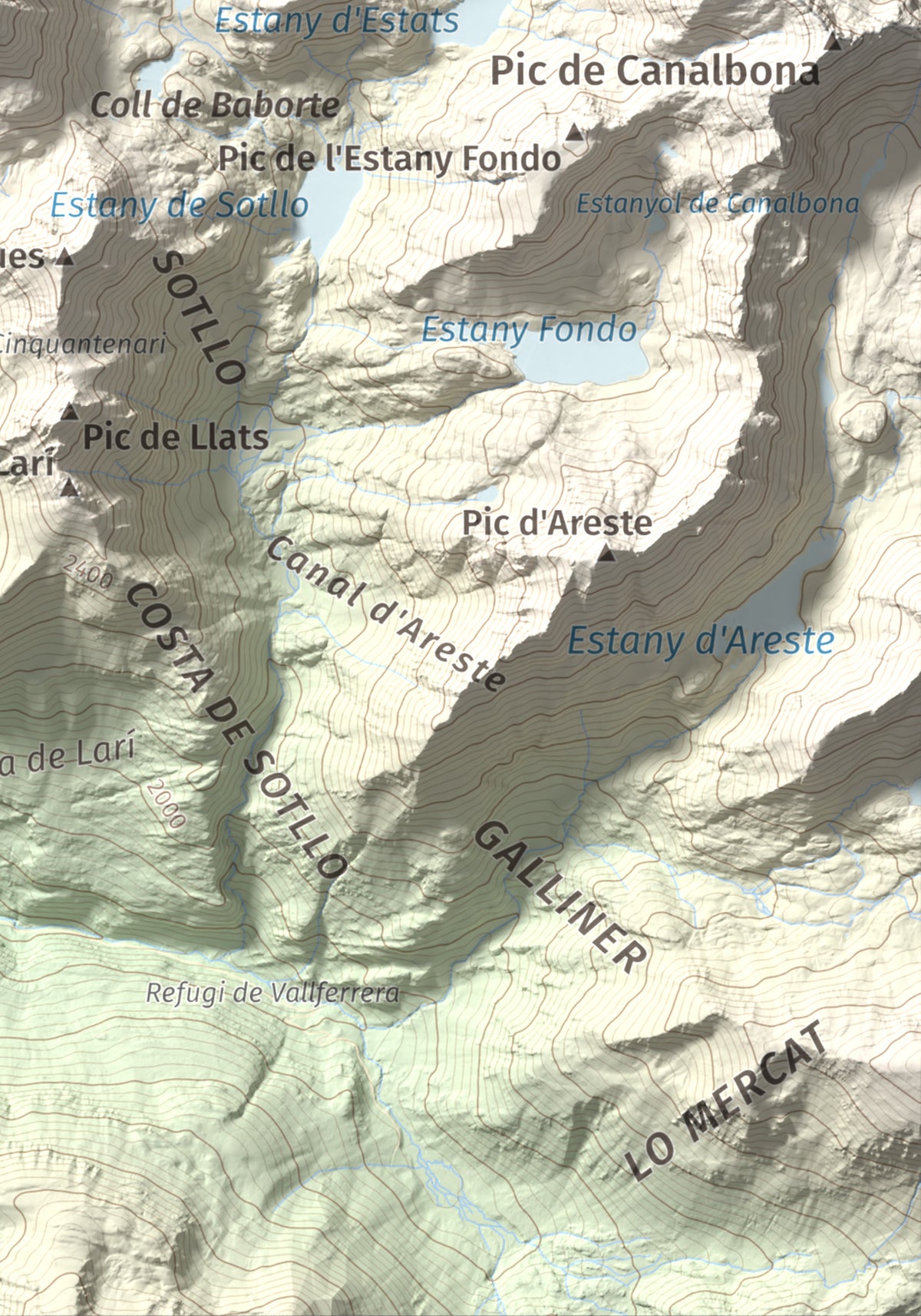 Mapa de relieve de Pic de Baborte, 2934 m, Pallars Sobirà, lámina 100 Cims de Trobart. Detalle de la zona inferior derecha. 21 × 30 cm.