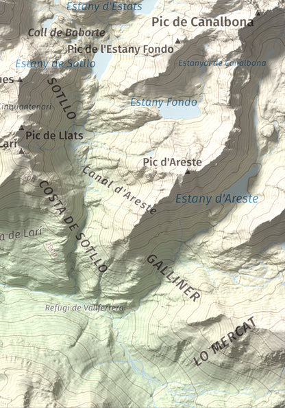 Mapa de relieve de Pic de Baborte, 2934 m, Pallars Sobirà, lámina 100 Cims de Trobart. Detalle de la zona inferior derecha. 21 × 30 cm.