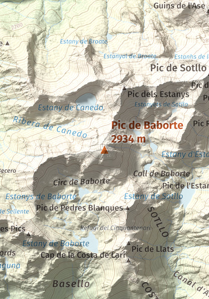 Mapa de relieve de Pic de Baborte, 2934 m, Pallars Sobirà, lámina 100 Cims de Trobart. Detalle de la zona central. 21 × 30 cm.