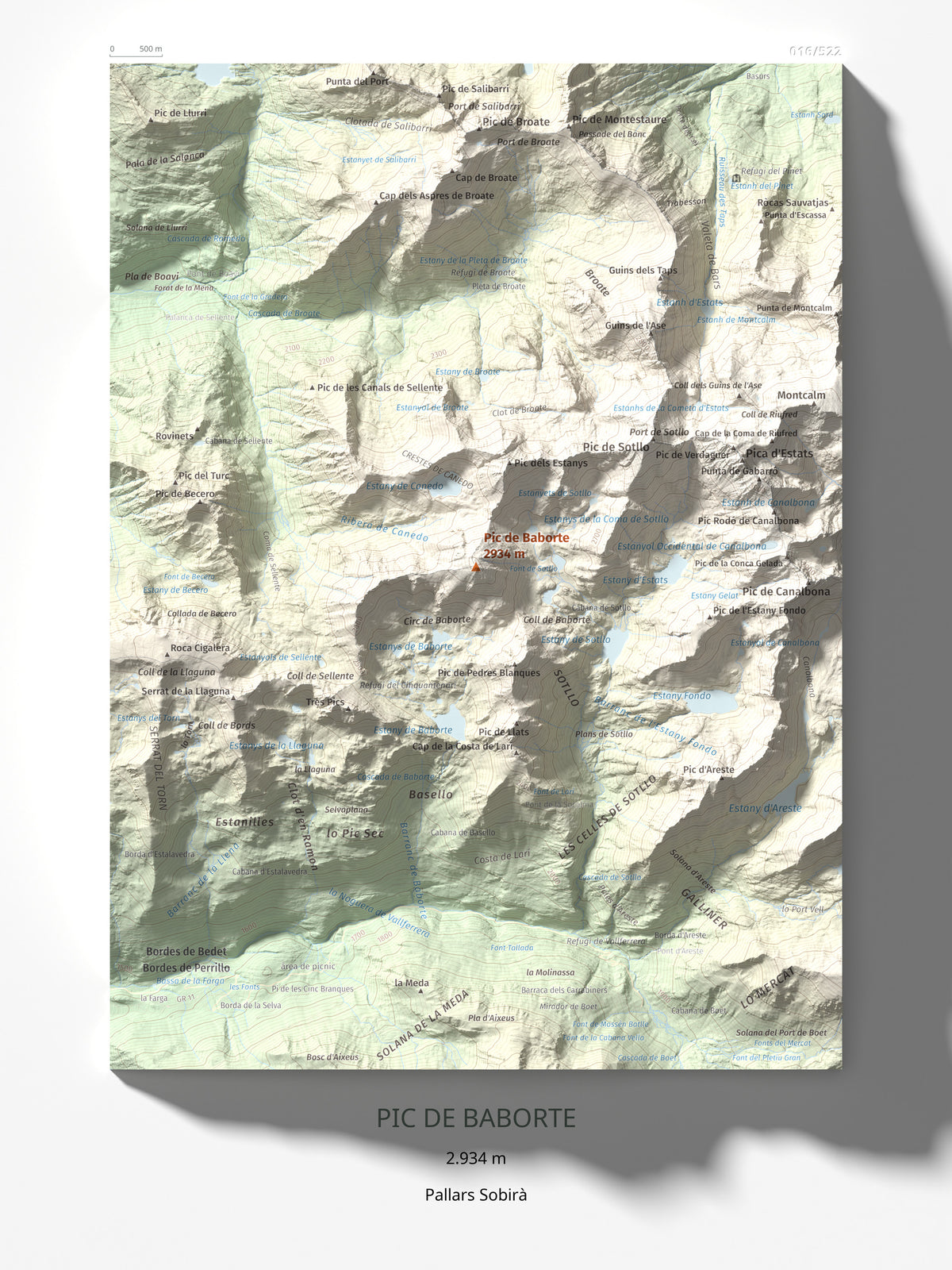 Mapa de relieve de Pic de Baborte, 2934 m, Pallars Sobirà, lámina 100 Cims de Trobart 30 × 40 cm.