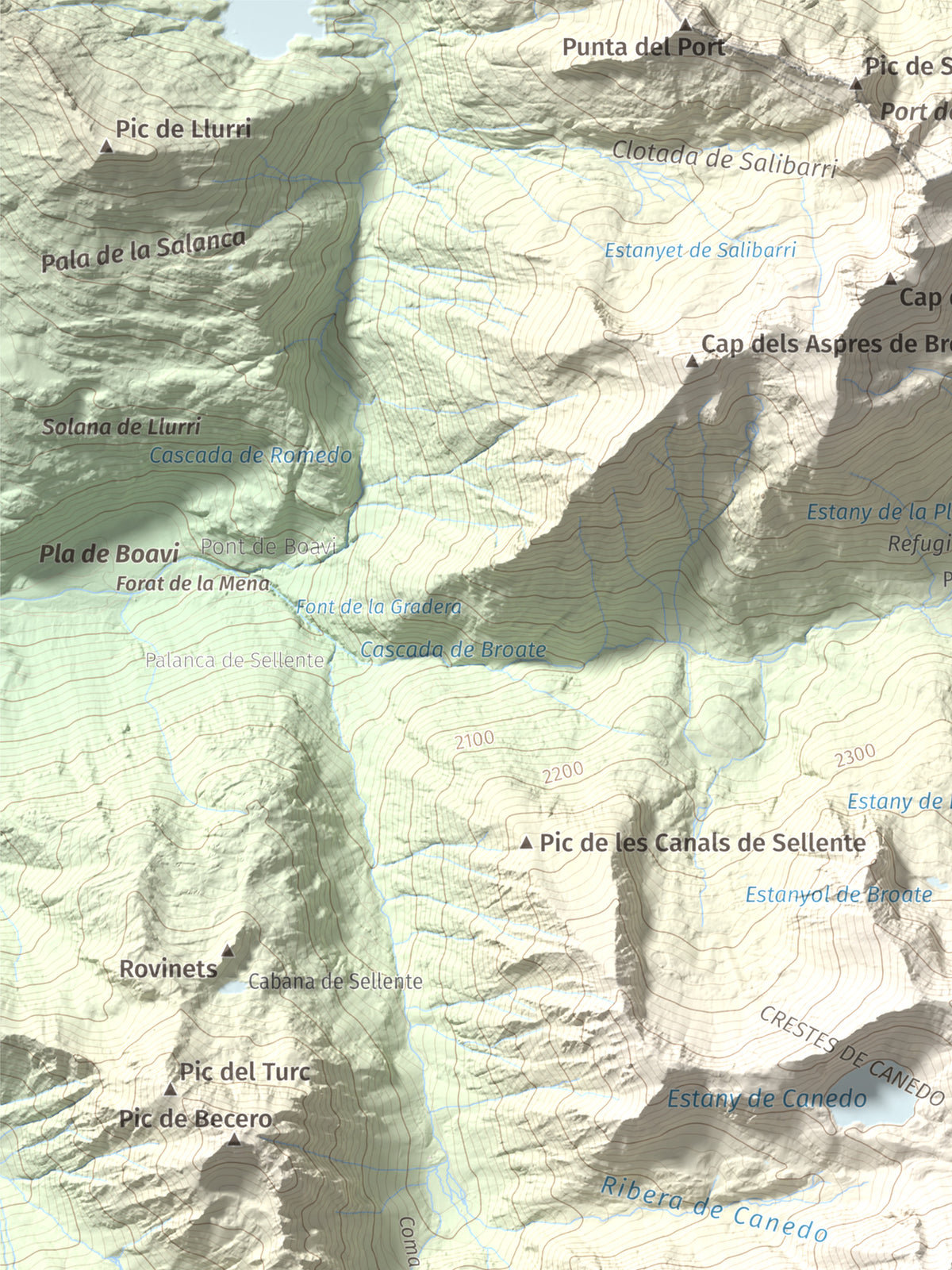 Mapa de relieve de Pic de Baborte, 2934 m, Pallars Sobirà, lámina 100 Cims de Trobart. Detalle de la zona superior izquierda. 30 × 40 cm.