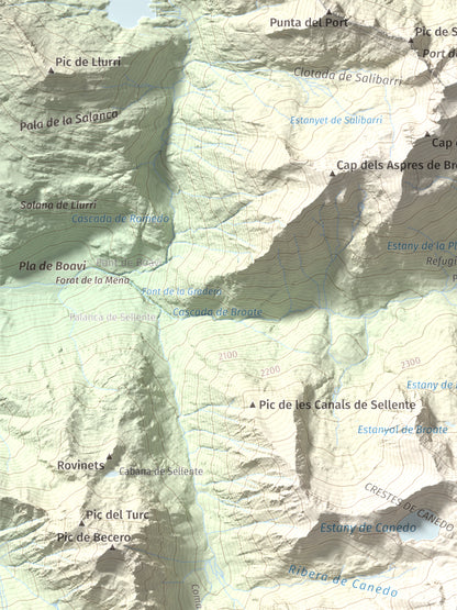 Mapa de relieve de Pic de Baborte, 2934 m, Pallars Sobirà, lámina 100 Cims de Trobart. Detalle de la zona superior izquierda. 30 × 40 cm.