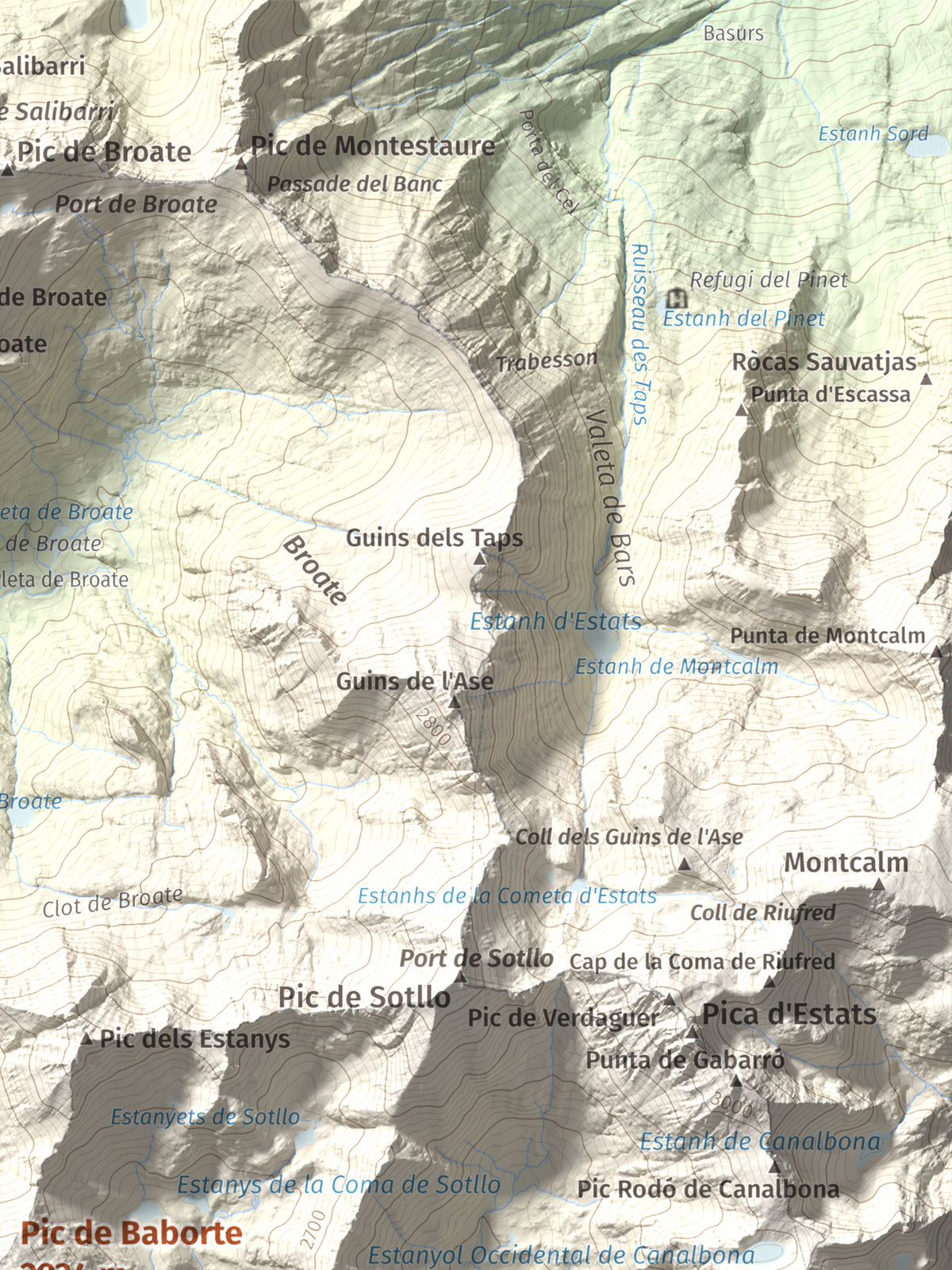 Mapa de relieve de Pic de Baborte, 2934 m, Pallars Sobirà, lámina 100 Cims de Trobart. Detalle de la zona superior derecha. 30 × 40 cm.