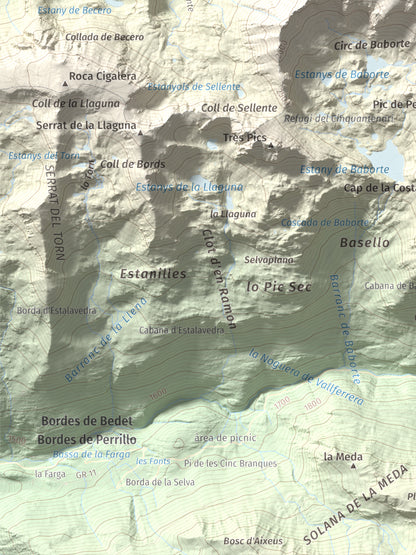 Mapa de relieve de Pic de Baborte, 2934 m, Pallars Sobirà, lámina 100 Cims de Trobart. Detalle de la zona inferior izquierda. 30 × 40 cm.