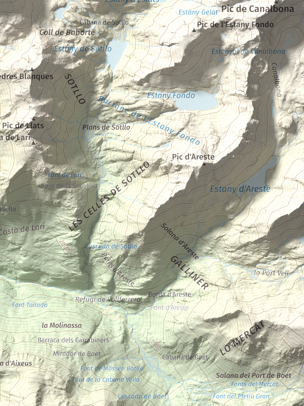 Mapa de relieve de Pic de Baborte, 2934 m, Pallars Sobirà, lámina 100 Cims de Trobart. Detalle de la zona inferior derecha. 30 × 40 cm.