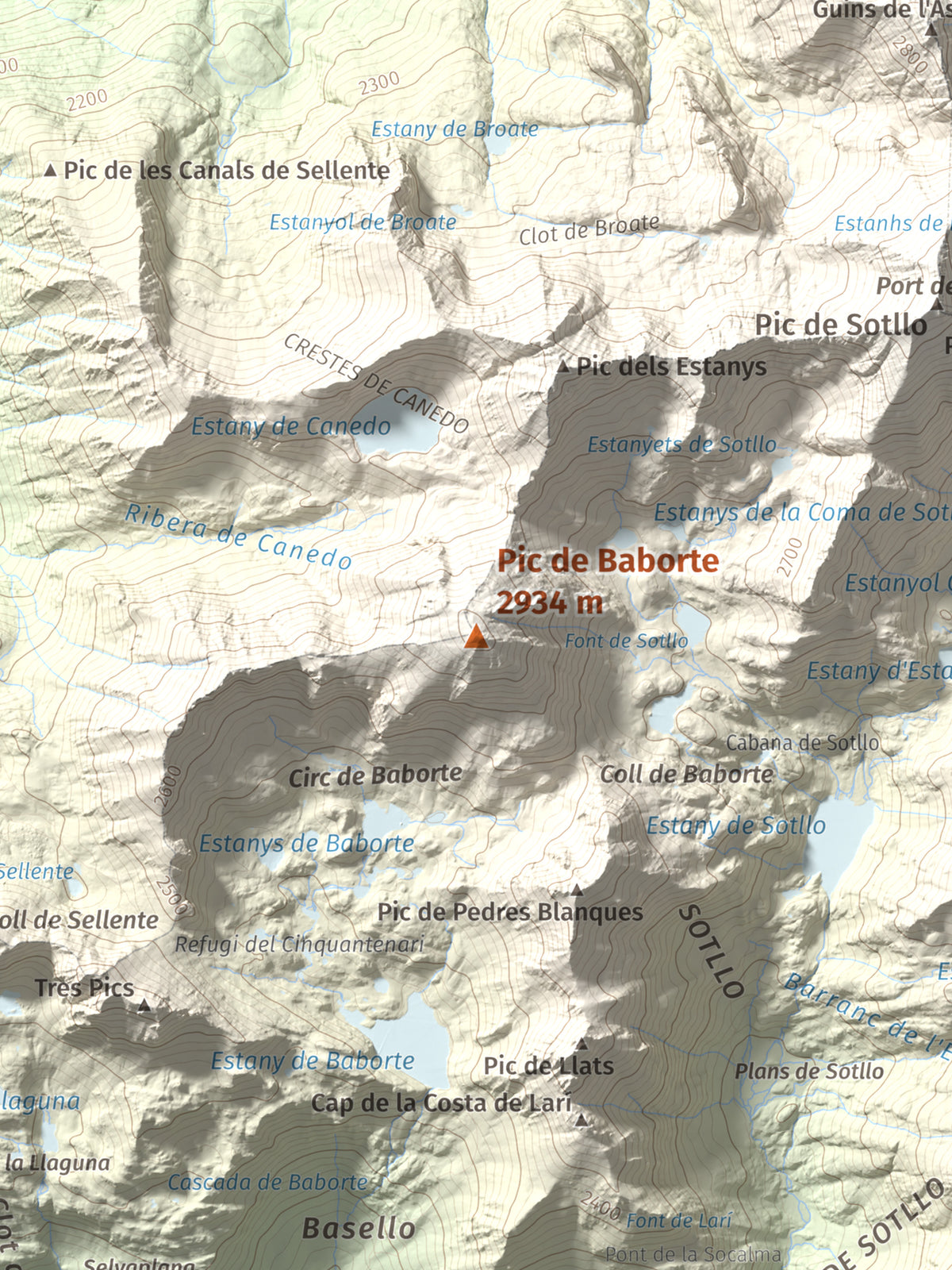 Mapa de relieve de Pic de Baborte, 2934 m, Pallars Sobirà, lámina 100 Cims de Trobart. Detalle de la zona central. 30 × 40 cm.