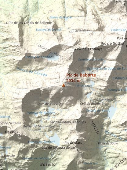 Mapa de relieve de Pic de Baborte, 2934 m, Pallars Sobirà, lámina 100 Cims de Trobart. Detalle de la zona central. 30 × 40 cm.