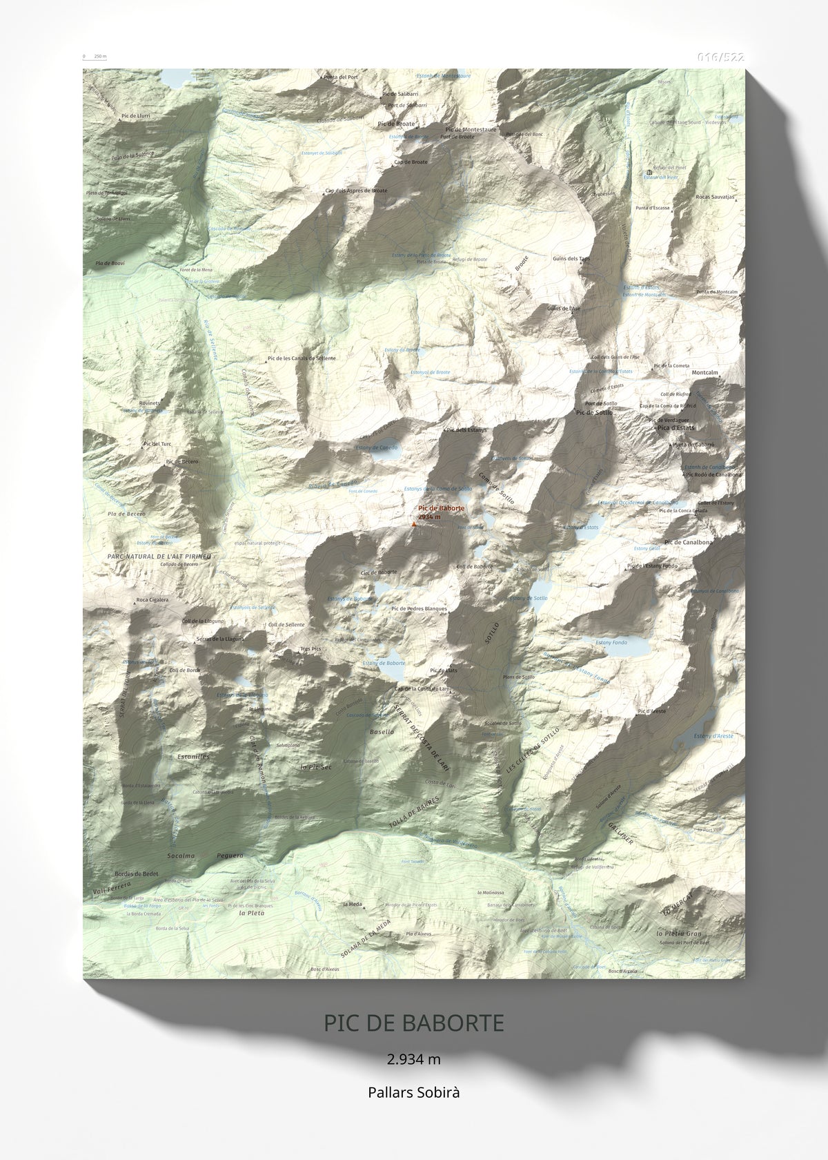 Mapa de relieve de Pic de Baborte, 2934 m, Pallars Sobirà, lámina 100 Cims de Trobart 50 × 70 cm.