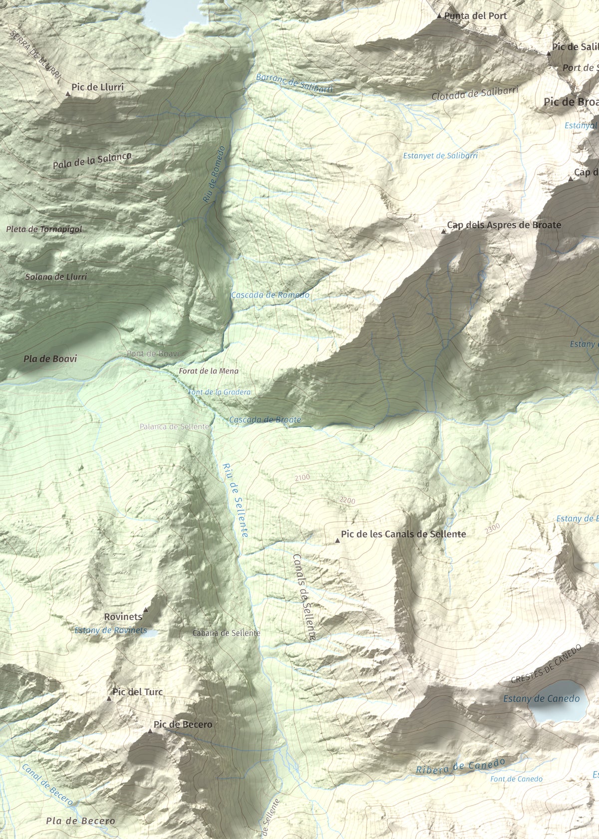 Mapa de relieve de Pic de Baborte, 2934 m, Pallars Sobirà, lámina 100 Cims de Trobart. Detalle de la zona superior izquierda. 50 × 70 cm.