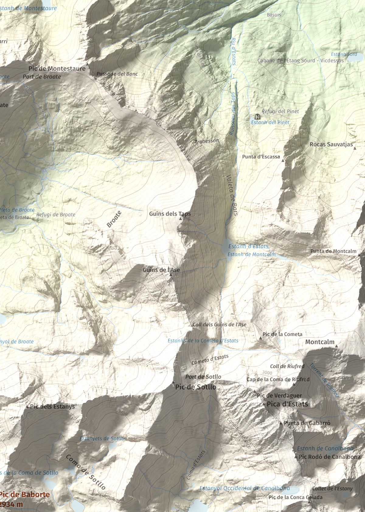 Mapa de relieve de Pic de Baborte, 2934 m, Pallars Sobirà, lámina 100 Cims de Trobart. Detalle de la zona superior derecha. 50 × 70 cm.