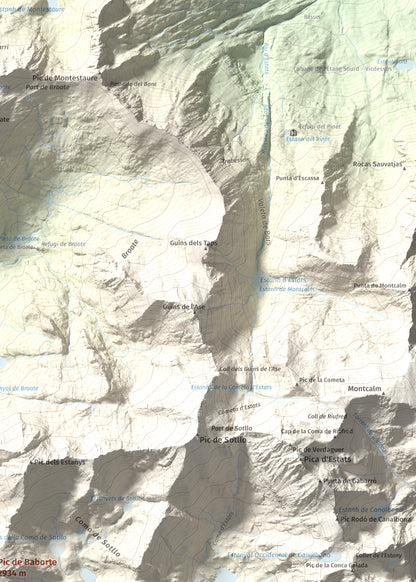 Mapa de relieve de Pic de Baborte, 2934 m, Pallars Sobirà, lámina 100 Cims de Trobart. Detalle de la zona superior derecha. 50 × 70 cm.