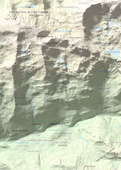 Mapa de relieve de Pic de Baborte, 2934 m, Pallars Sobirà, lámina 100 Cims de Trobart. Detalle de la zona inferior izquierda. 50 × 70 cm.
