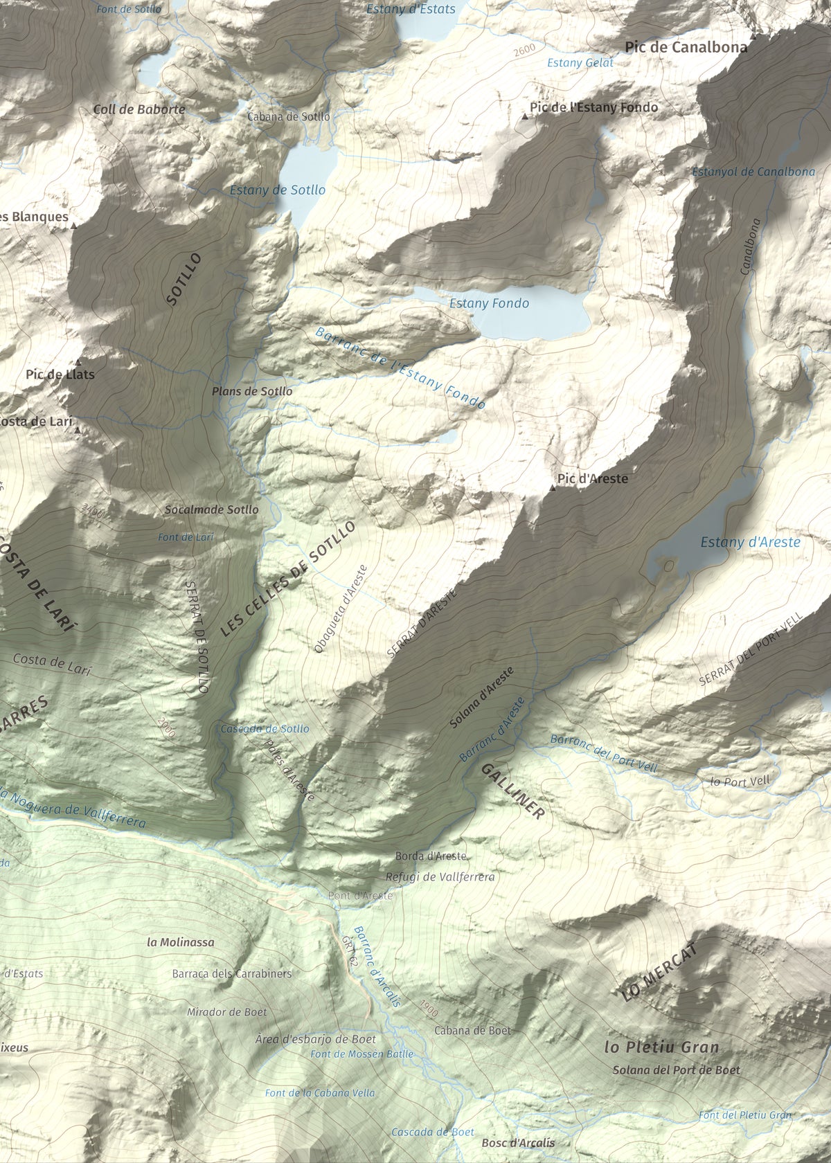 Mapa de relieve de Pic de Baborte, 2934 m, Pallars Sobirà, lámina 100 Cims de Trobart. Detalle de la zona inferior derecha. 50 × 70 cm.