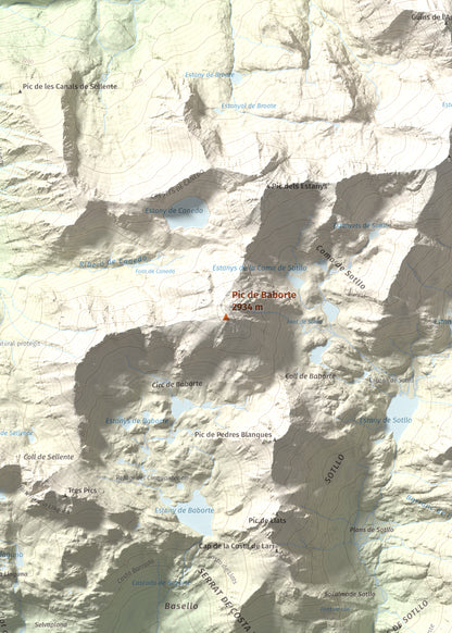 Mapa de relieve de Pic de Baborte, 2934 m, Pallars Sobirà, lámina 100 Cims de Trobart. Detalle de la zona central. 50 × 70 cm.