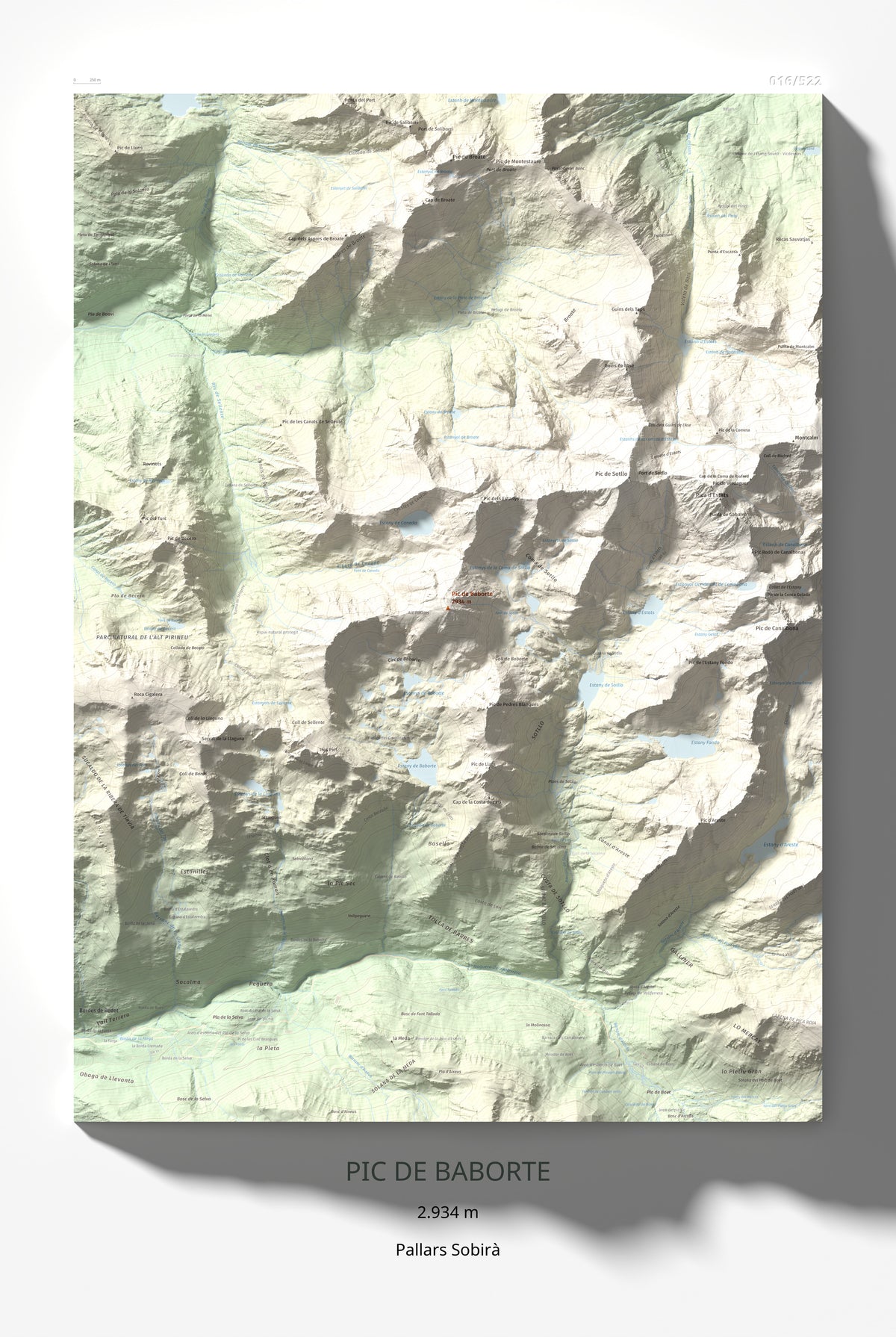 Mapa de relieve de Pic de Baborte, 2934 m, Pallars Sobirà, lámina 100 Cims de Trobart 61 × 91 cm.
