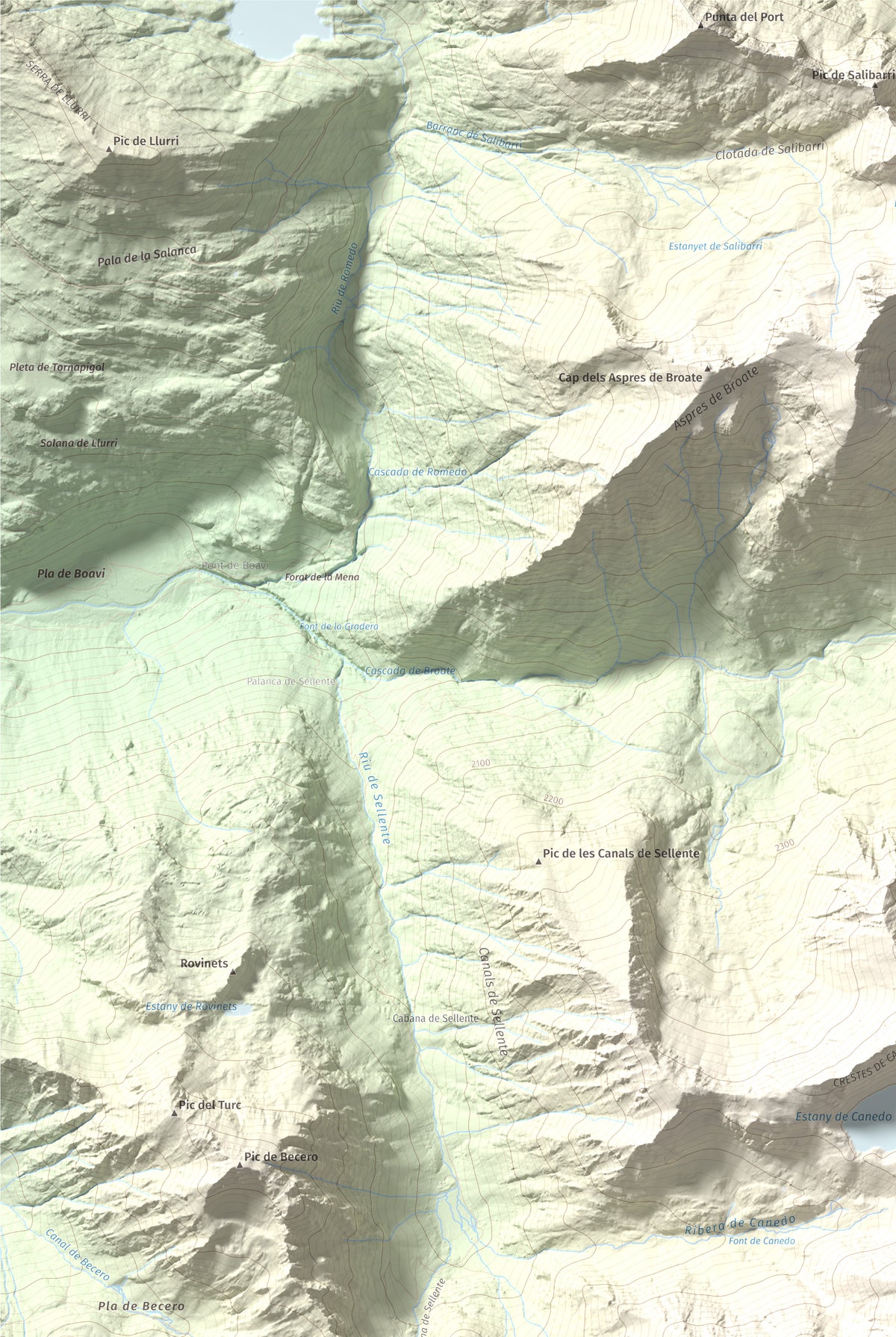 Mapa de relieve de Pic de Baborte, 2934 m, Pallars Sobirà, lámina 100 Cims de Trobart. Detalle de la zona superior izquierda. 61 × 91 cm.