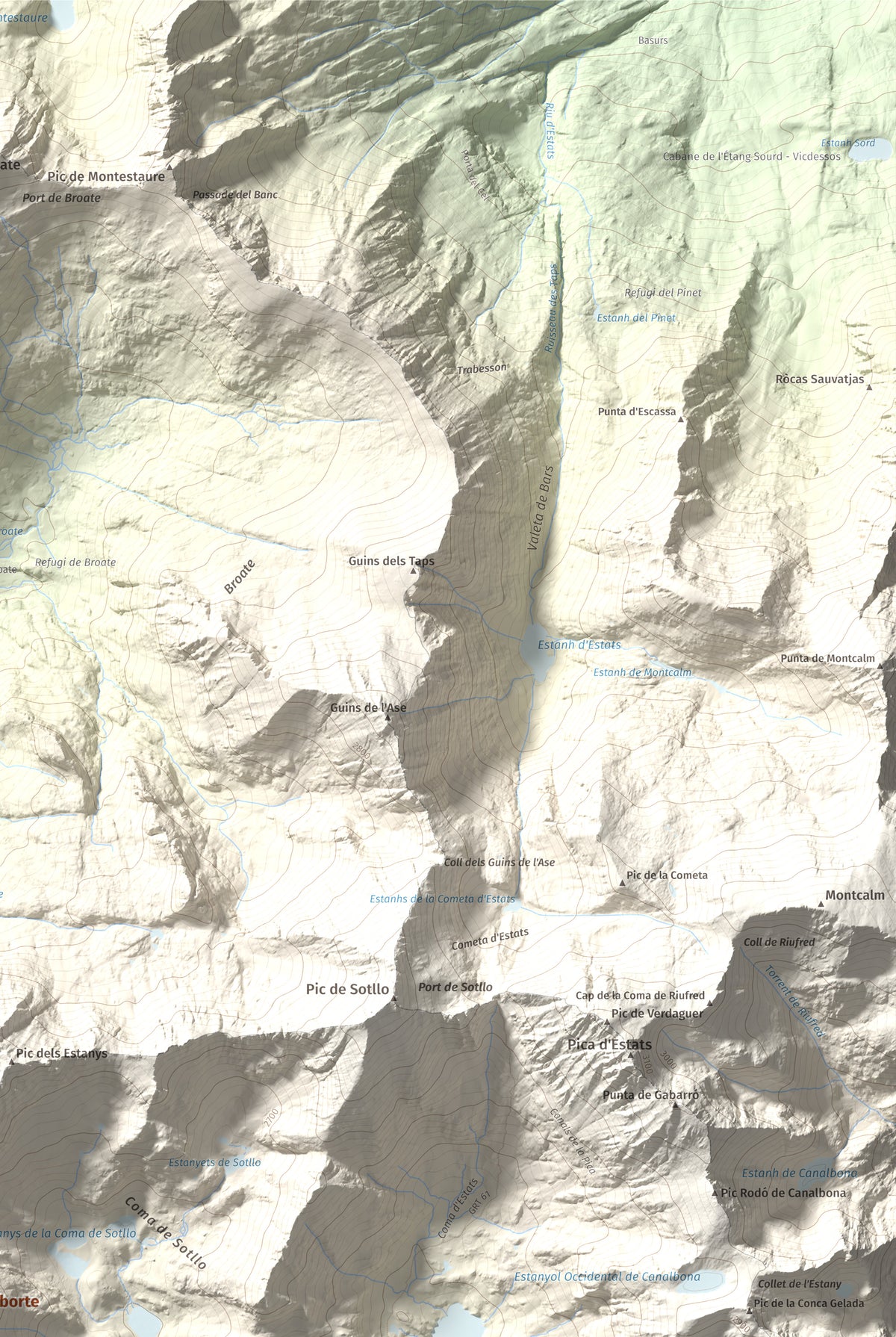 Mapa de relieve de Pic de Baborte, 2934 m, Pallars Sobirà, lámina 100 Cims de Trobart. Detalle de la zona superior derecha. 61 × 91 cm.