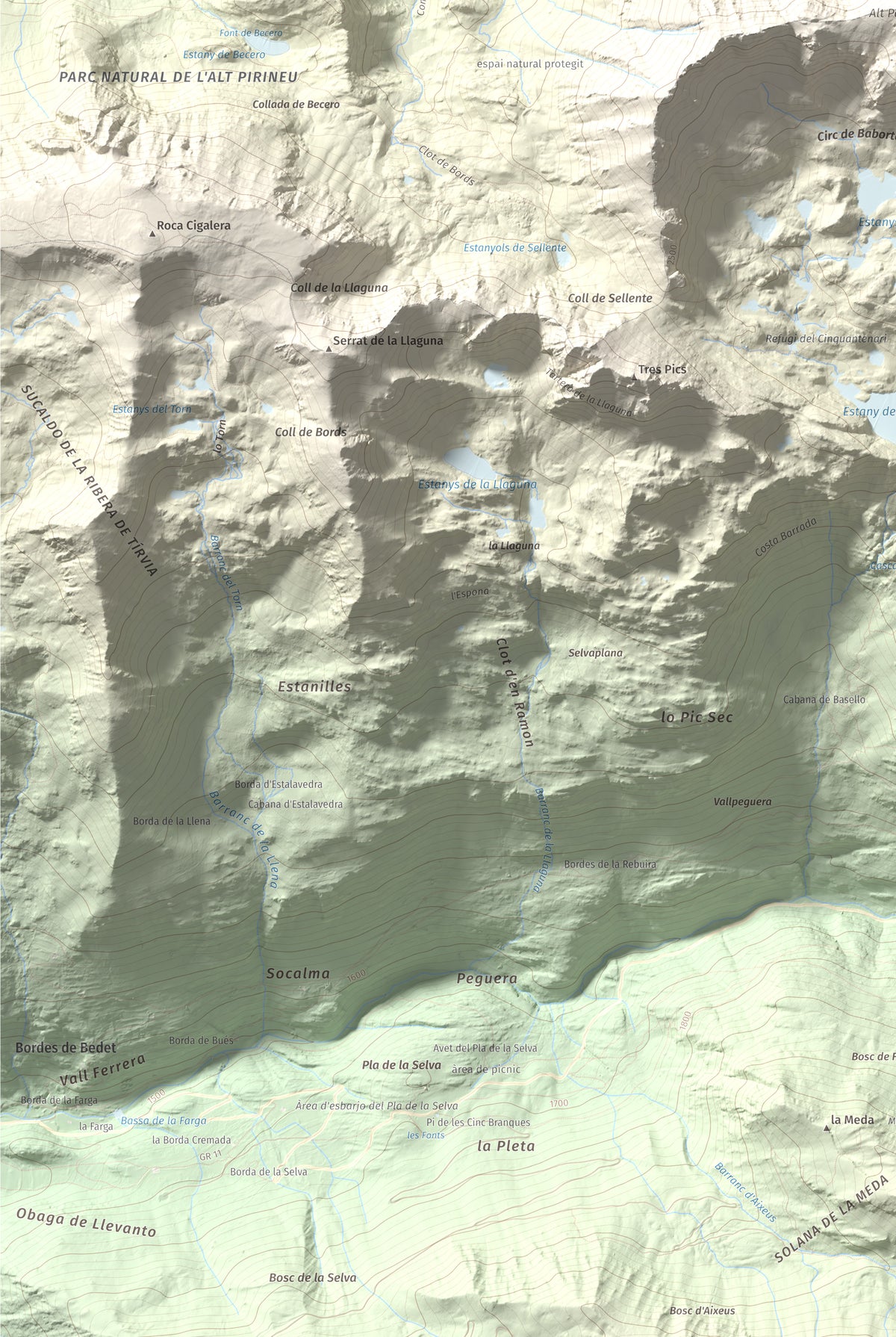 Mapa de relieve de Pic de Baborte, 2934 m, Pallars Sobirà, lámina 100 Cims de Trobart. Detalle de la zona inferior izquierda. 61 × 91 cm.