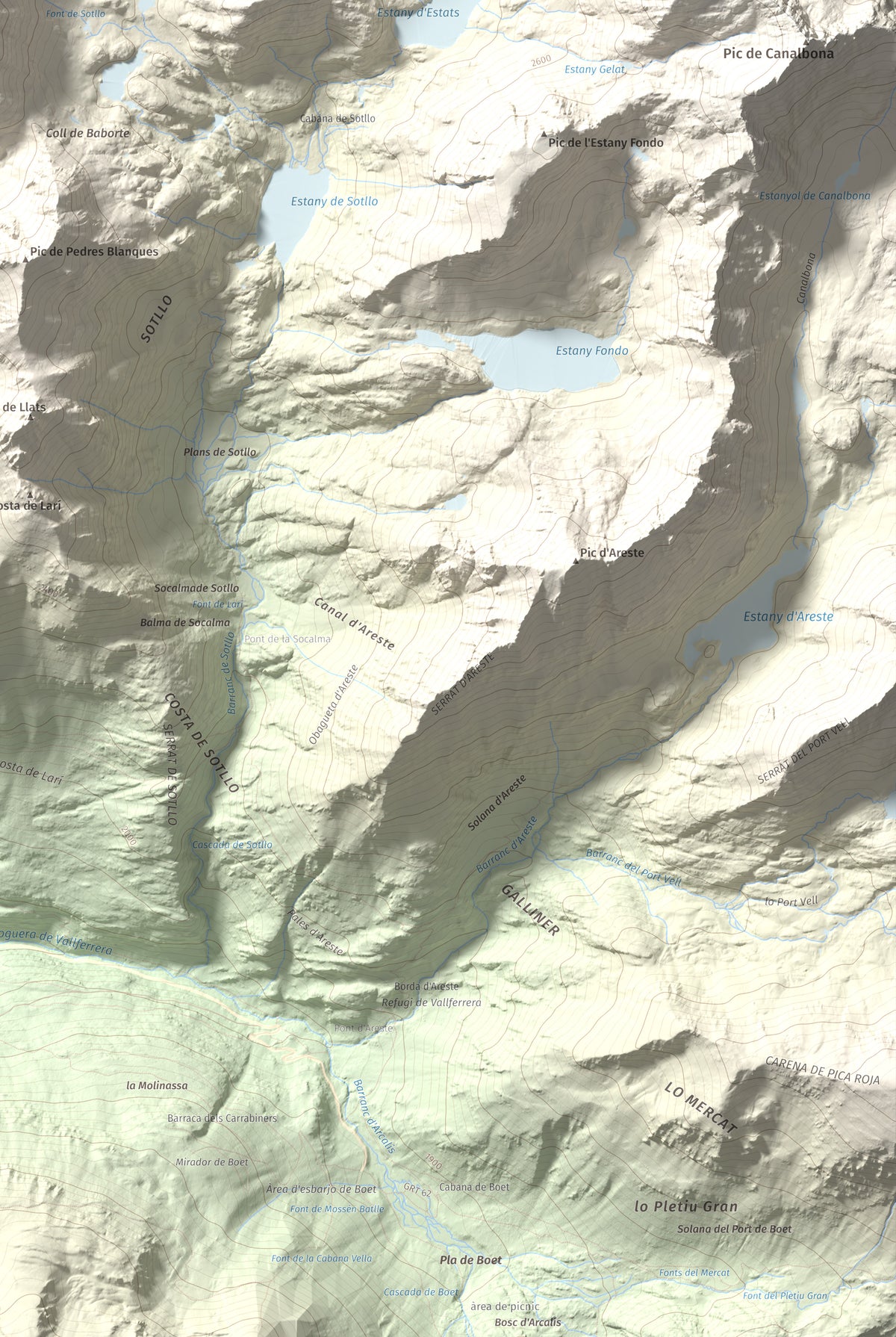 Mapa de relieve de Pic de Baborte, 2934 m, Pallars Sobirà, lámina 100 Cims de Trobart. Detalle de la zona inferior derecha. 61 × 91 cm.