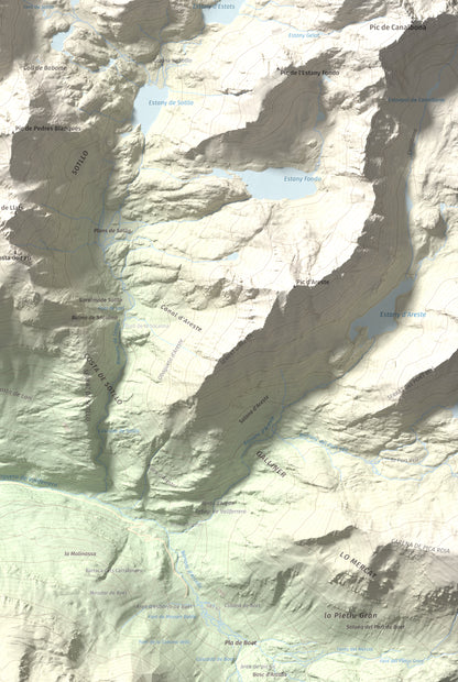 Mapa de relieve de Pic de Baborte, 2934 m, Pallars Sobirà, lámina 100 Cims de Trobart. Detalle de la zona inferior derecha. 61 × 91 cm.