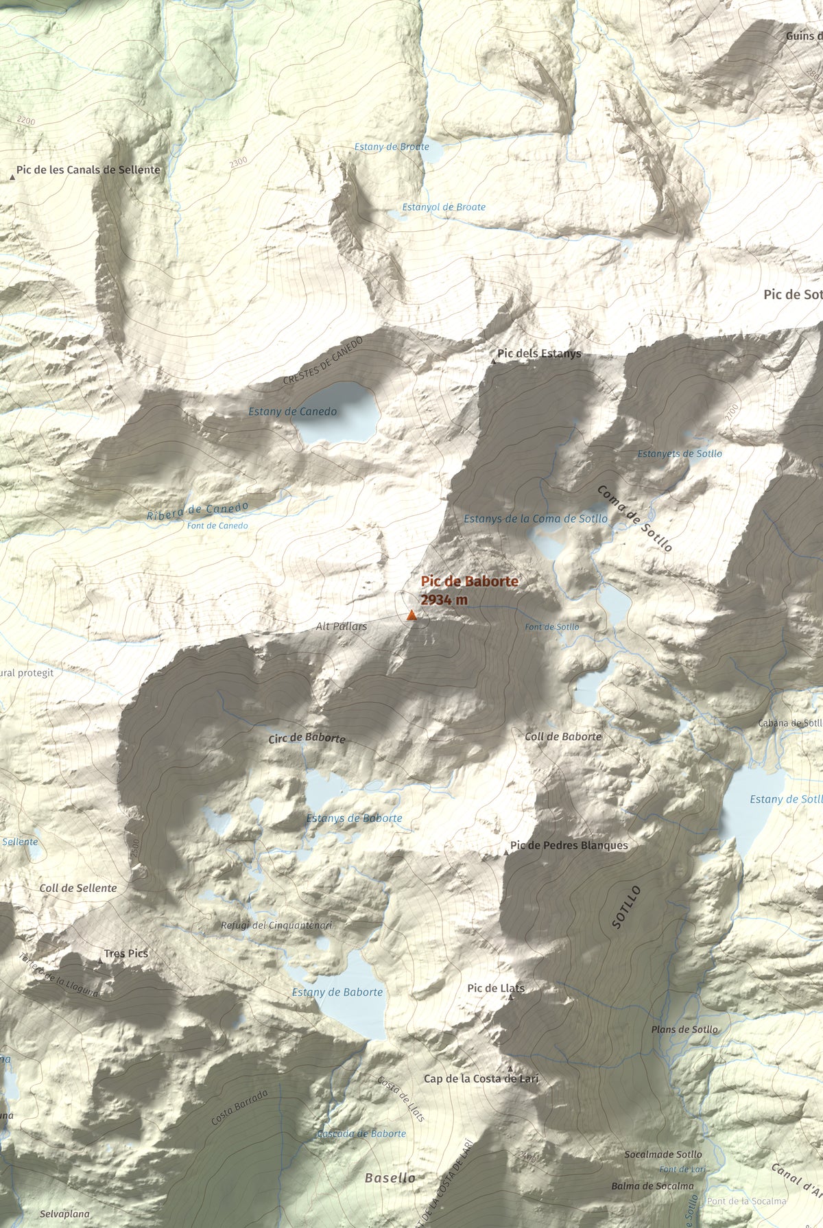Mapa de relieve de Pic de Baborte, 2934 m, Pallars Sobirà, lámina 100 Cims de Trobart. Detalle de la zona central. 61 × 91 cm.