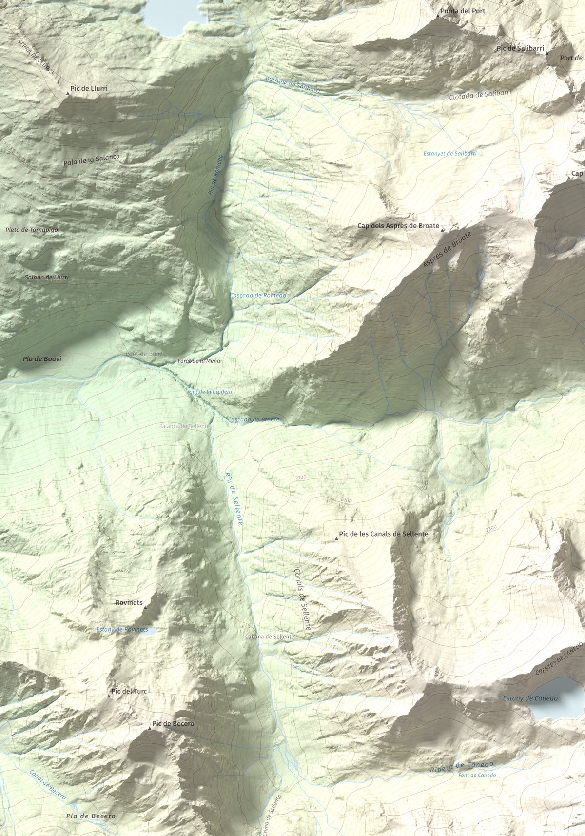 Mapa de relieve de Pic de Baborte, 2934 m, Pallars Sobirà, lámina 100 Cims de Trobart. Detalle de la zona superior izquierda. 70 × 100 cm.