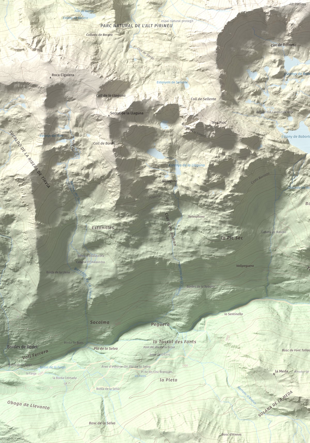 Mapa de relieve de Pic de Baborte, 2934 m, Pallars Sobirà, lámina 100 Cims de Trobart. Detalle de la zona inferior izquierda. 70 × 100 cm.
