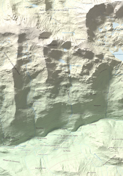 Mapa de relieve de Pic de Baborte, 2934 m, Pallars Sobirà, lámina 100 Cims de Trobart. Detalle de la zona inferior izquierda. 70 × 100 cm.