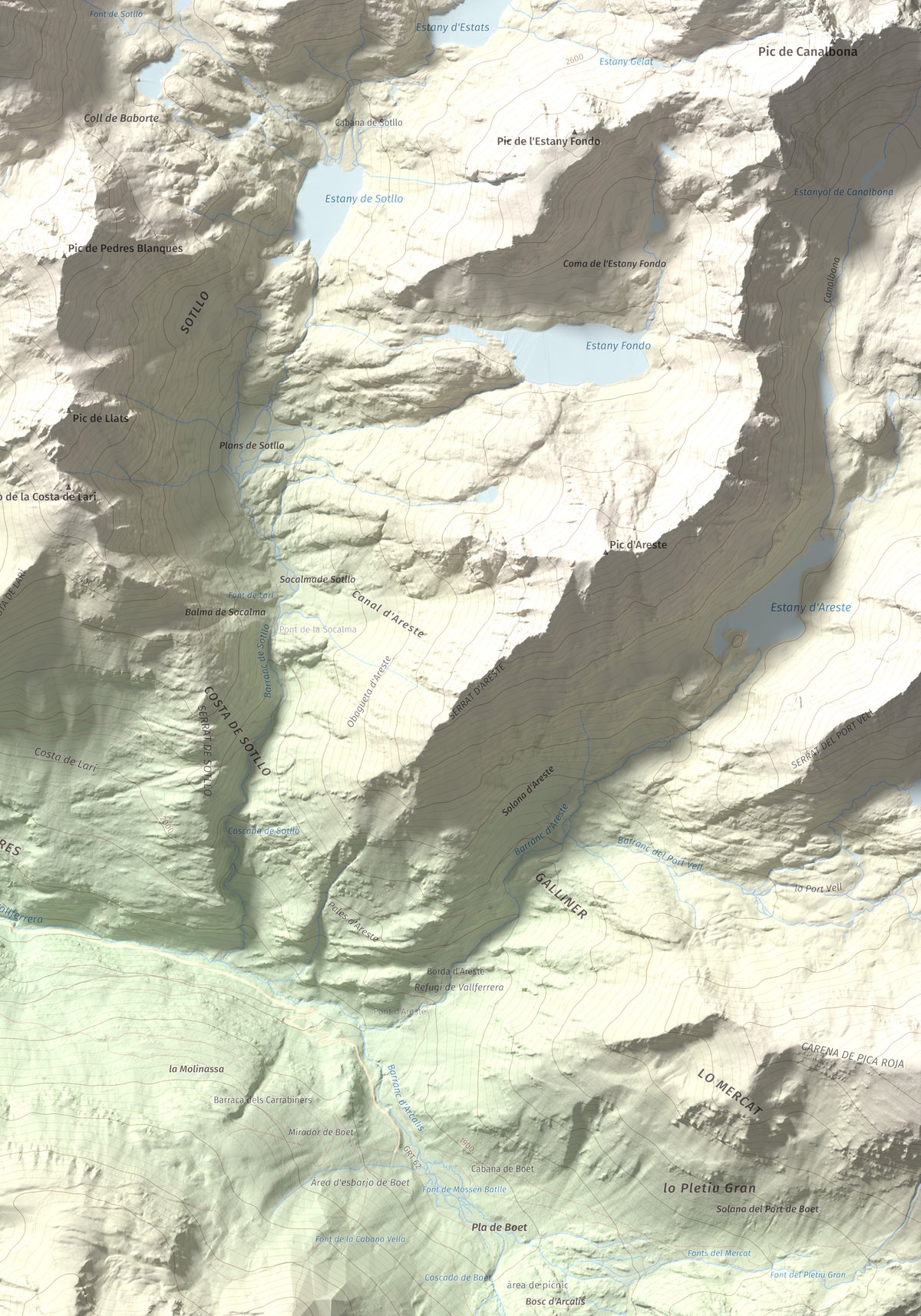 Mapa de relieve de Pic de Baborte, 2934 m, Pallars Sobirà, lámina 100 Cims de Trobart. Detalle de la zona inferior derecha. 70 × 100 cm.