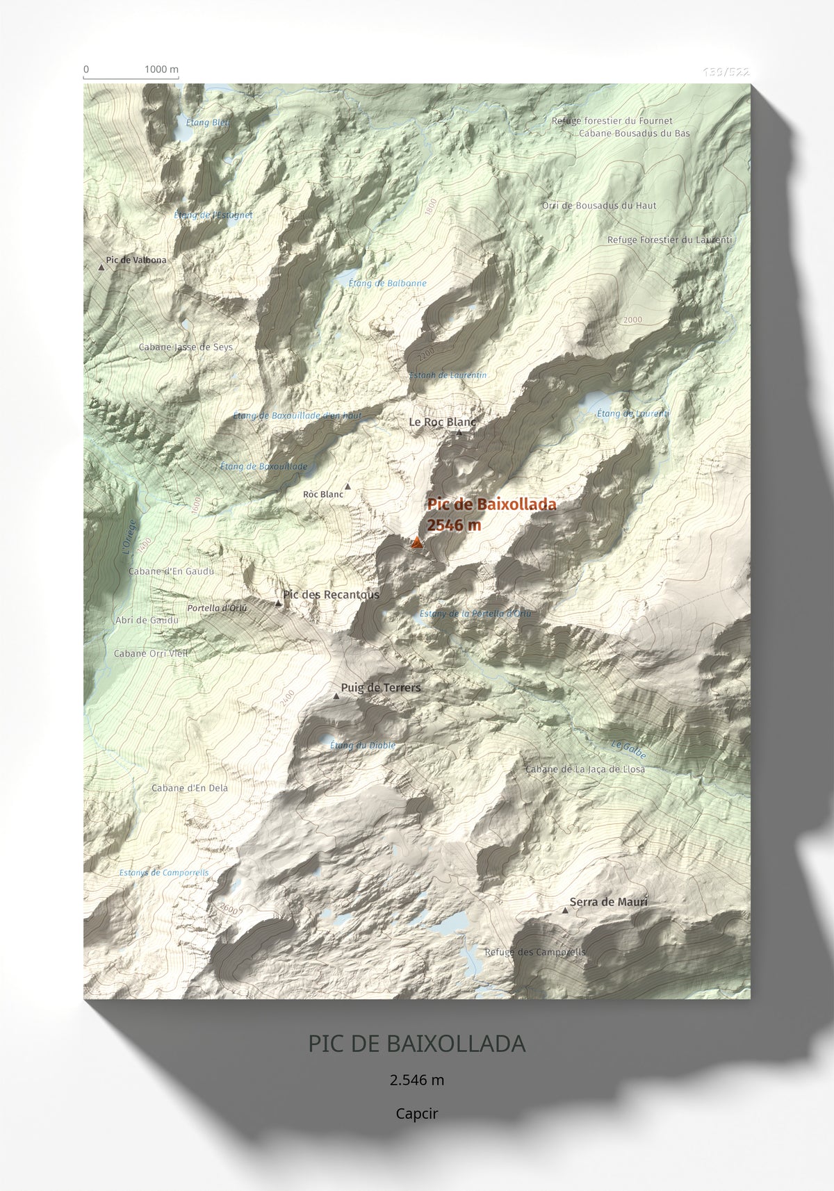 Mapa de relieve de Pic de Baixollada, 2546 m, Capcir, lámina 100 Cims de Trobart 21 × 30 cm.