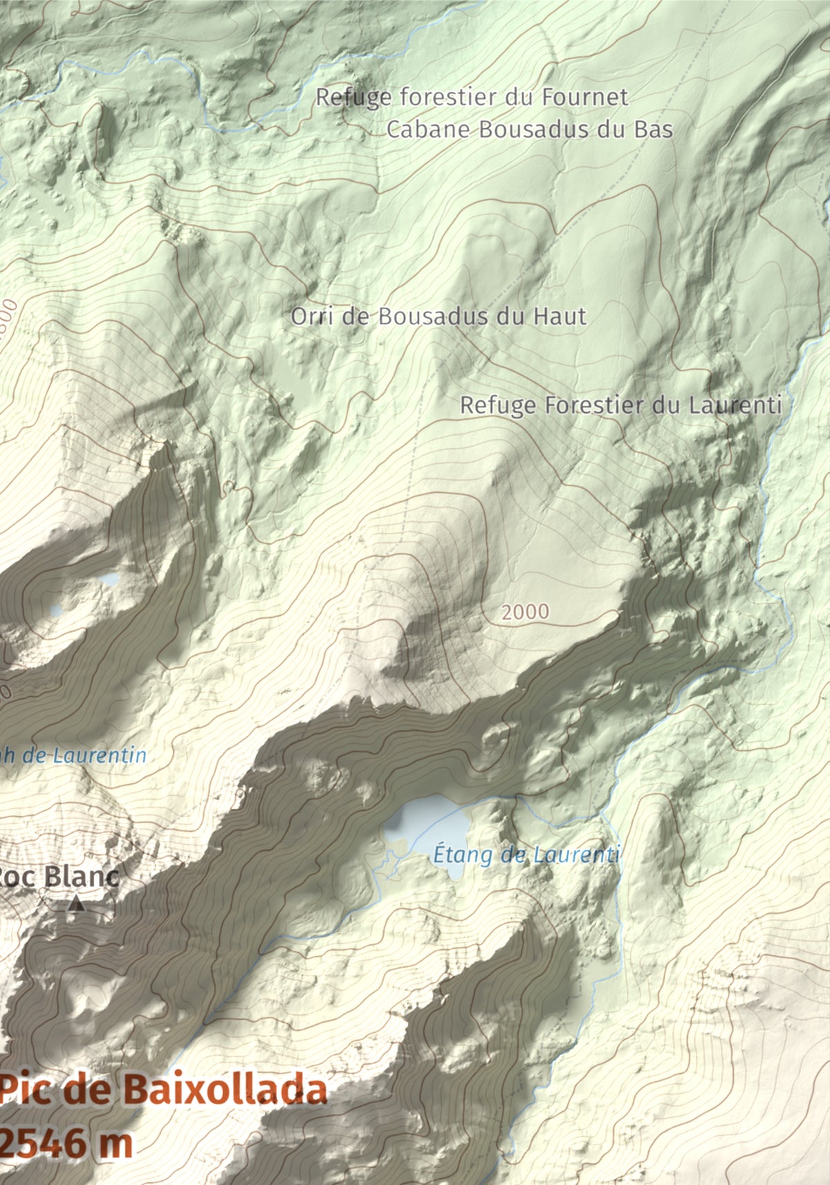 Mapa de relieve de Pic de Baixollada, 2546 m, Capcir, lámina 100 Cims de Trobart. Detalle de la zona superior derecha. 21 × 30 cm.